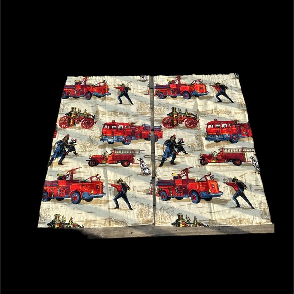 2 Vintage Fireman Fire Trucks Curtain Panels 21” x 34” Riverdale Screen Printing - Picture 1 of 10